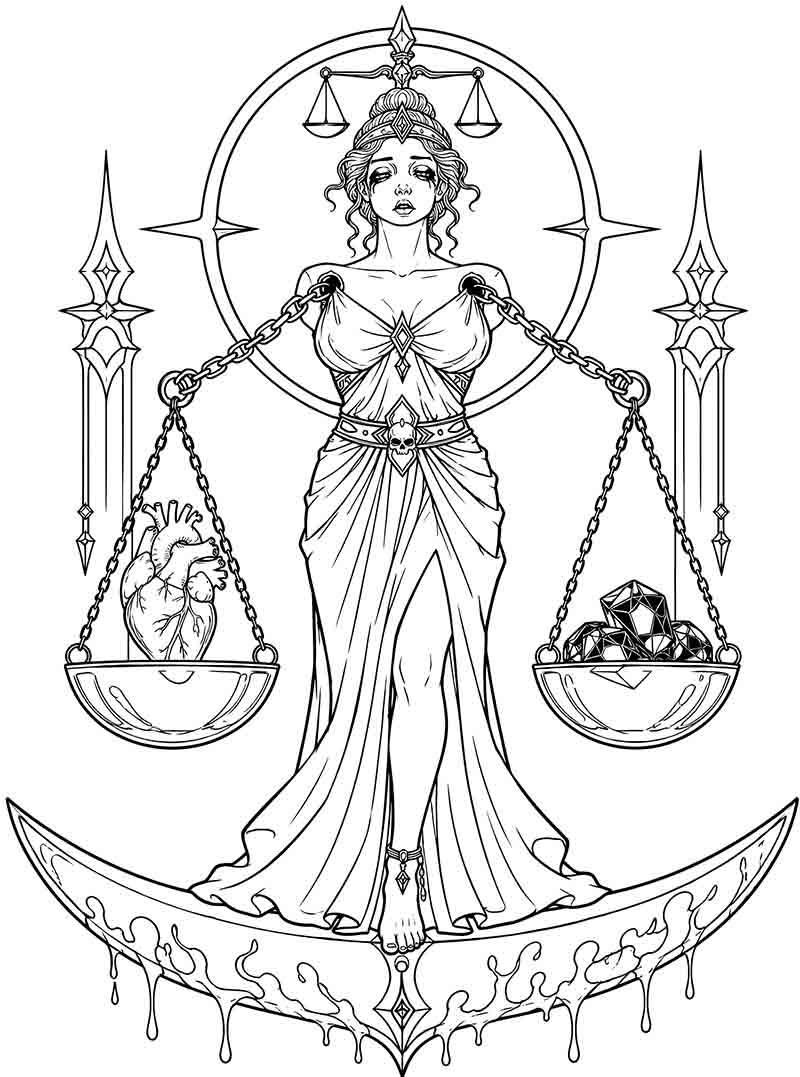 Spooky zodiac Justice goddess holding scales, macabre line art coloring page for adults and teens