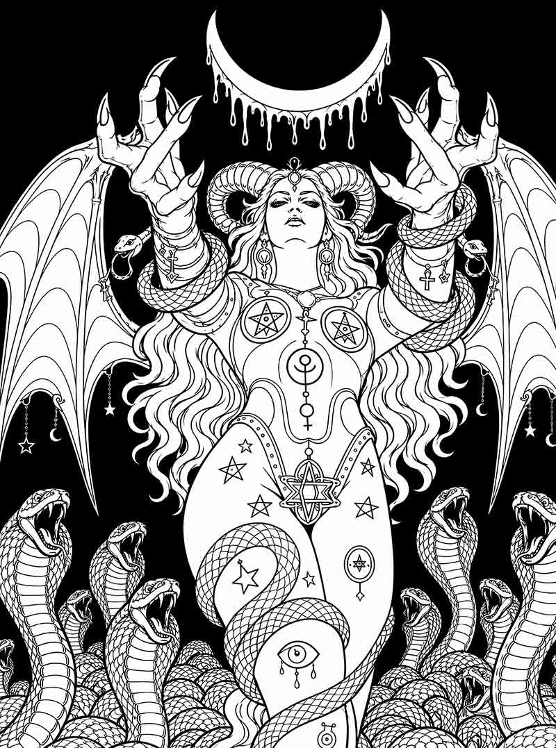 Lilith winged demon goddess with horns and occult symbols, macabre dark beauty coloring page