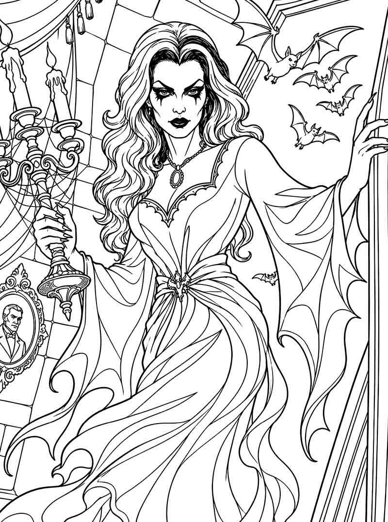 Crisp black and white outline of gothic vampire woman, ideal for traditional marker and pencil coloring