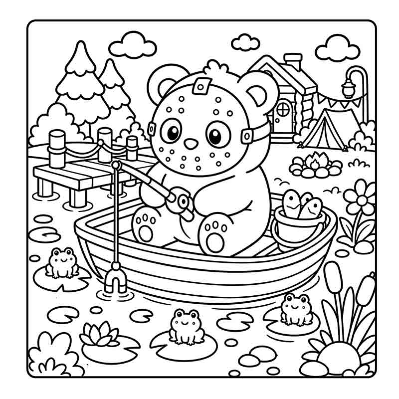 Cute Jason Michael Myers mask character in cozy garden line art coloring page