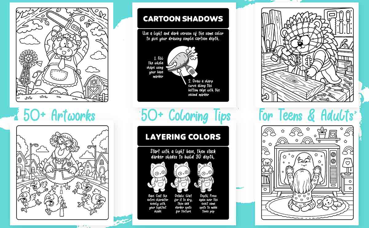 Shading and cartoon shadows visual coloring guide preview for alcohol markers