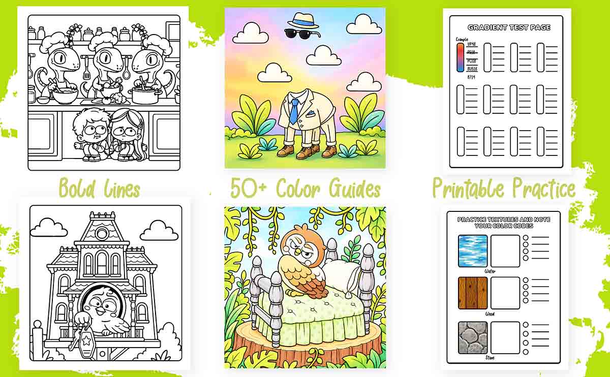 Creepy cute horror coloring book feature grid showcasing color guides and practice sheets