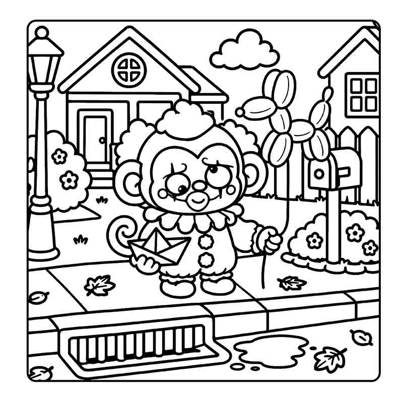Cute Pennywise monkey holding balloon slasher horror parody line art