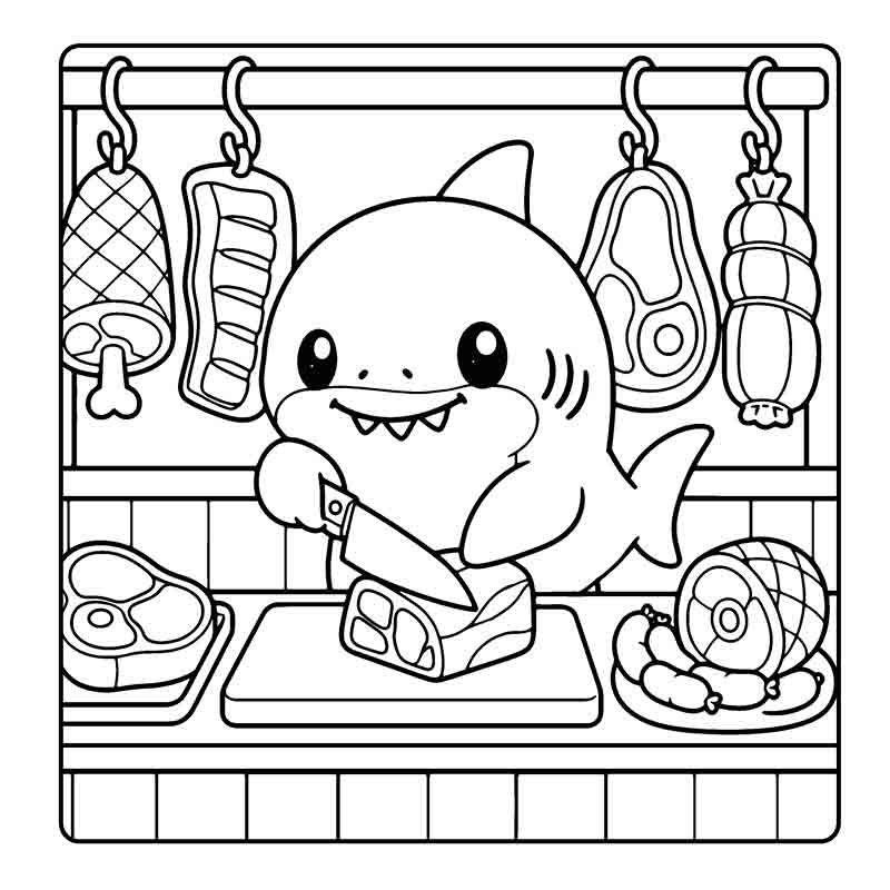 Cute shark butcher slicing meat slasher parody line art coloring page