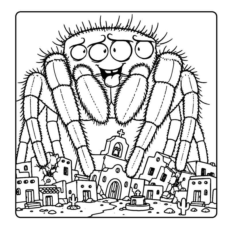 dorable big eyed spider line art illustration for Halloween stress relief coloring